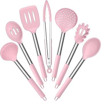 E-far Silicone Cooking Utensils Set, 7 Pcs Heat Resistant Kitchen Utensils with Stainless Steel Handle, Slotted Turner, Spoon, Soup Ladle, Pasta Server, Skimmer, Tongs for Nonstick Cookware, Pink
