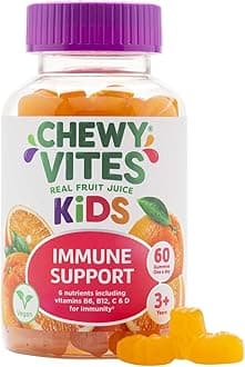 Chewy Vites Kids Immune Support, 60 Kids Vitamins Gummies, High Strength Vitamin D, Vit C, B6, B12, Zinc, Selenium, 2 Months Supply, Real Fruit Juice, Vegan, Age 3 +, Orange Flavour