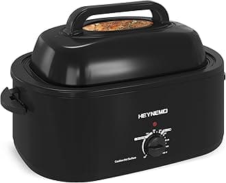 HEYNEMO 24 Quart Electric Roaster Oven, Turkey Roaster Oven with Self-Basting Lid, Removable Pan, Cool-Touch Handles, Stainless Steel Black