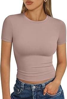 Trendy Queen Womens Short Sleeve T Shirts - Buttery Soft Summer Crop Tops Slim Fit Y2k Basic Tees for Workout