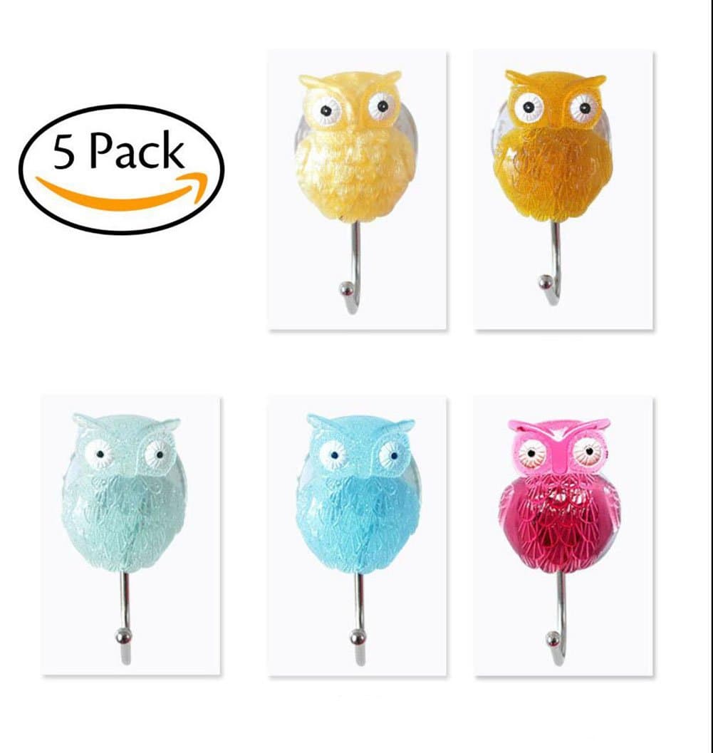 Juuly 5 Pack Suction Cup Hooks Strong Vacuum Suction Hanger Self-Adhesive Bathroom/Kitchen Hooks No Glue Cute Owl Shaped Heavy Duty Hooks Assorted Color