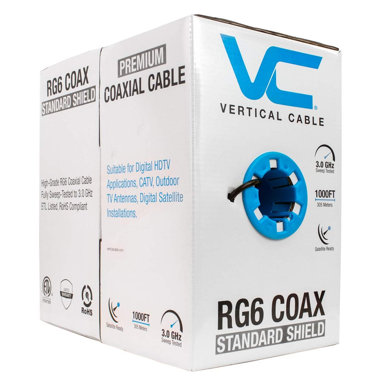 RG6 Standard Shield Bulk Coaxial Cable, Black, 1000ft, 75 Ohm, 18AWG, Solid CCS, AL Foil and 60% AL Braid, CM & CL2 Rated