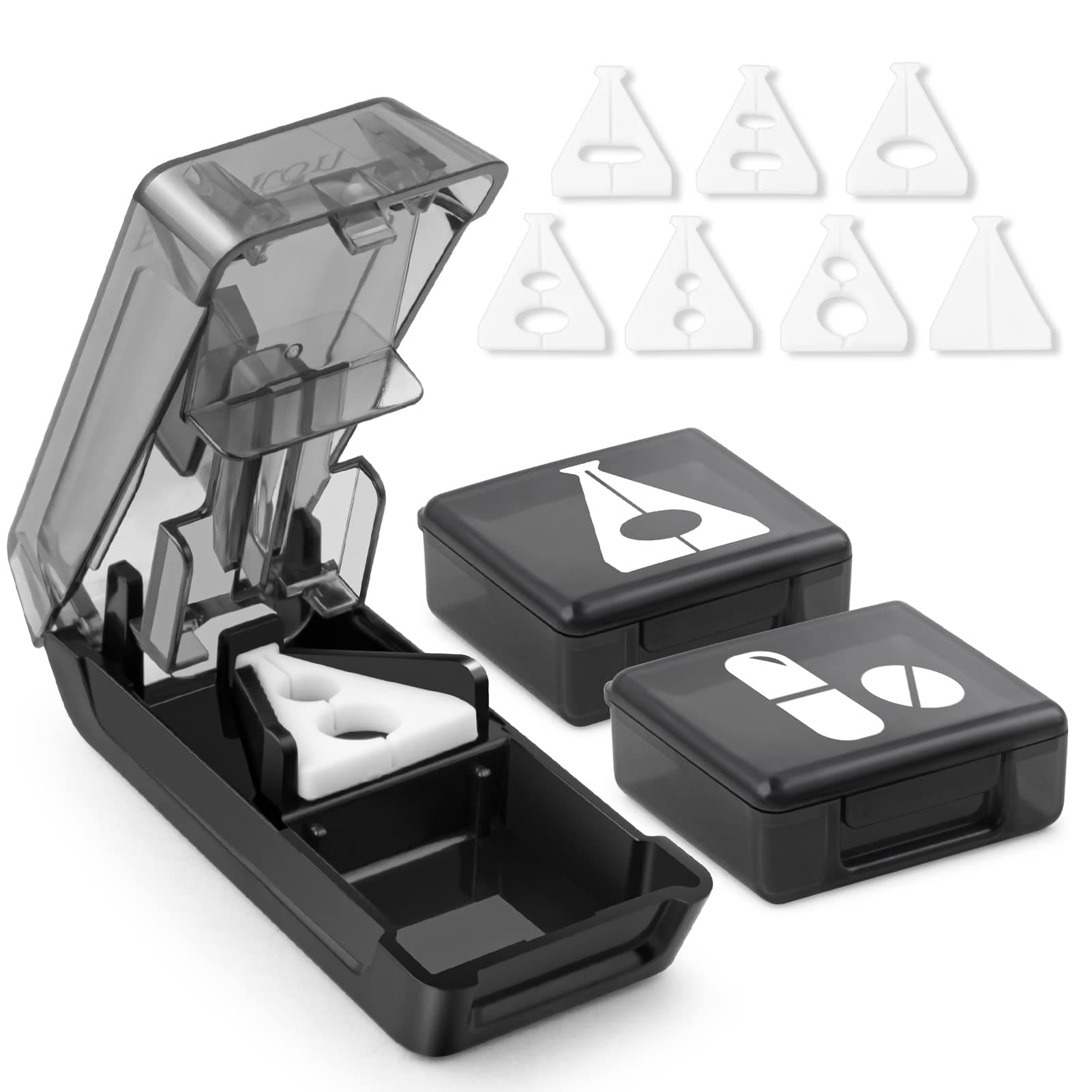 Pill Cutter for Small or Large Pills, Pill Splitter with V-Shape Holder, Medicine Slicer with Sharp Blade,Tablet Splitter with Two Large Pill Organizers (Black)