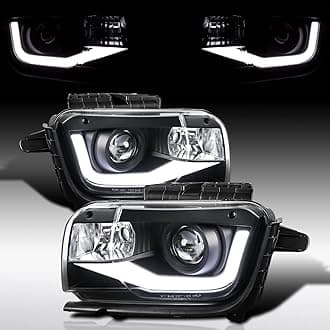 AUTOZENSATION Compatible with 2010-2013 Chevy Camaro, Left + Right Pair Headlamps Assembly, Black LED Tube Projector Headlights