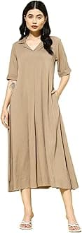 Varanga Women Beige Shirt Collar A Line Dress