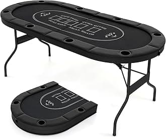 Giantex 8 Player Poker Table Foldable, 72" Portable Folding Texas Holdem Poker Tables w/Padded Rails, Cup Holders, Casino Grade Felt Surface, Oval Card Game Poker Table for Game Room (Black)