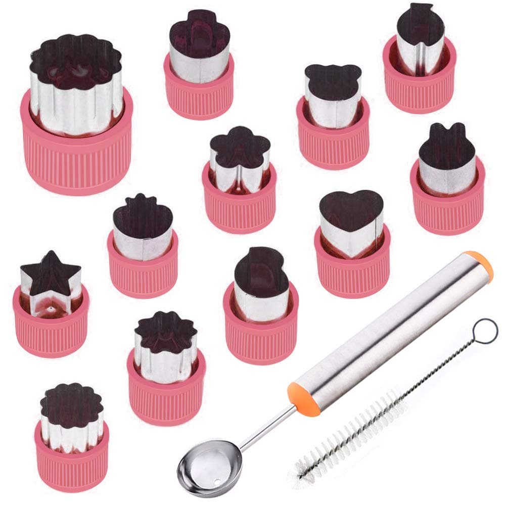 12 Pcs Vegetable Fruit Cutter Shapes Set with Melon Baller Scoop and Cleaning Brush, Mini Pie Cookie Stamps Mold for Kids Crafts Baking and Food Supplement Tools for Kitchen-Pink