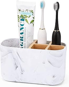 GFWARE Toothbrush Holders for Bathrooms, 5 Slots Bamboo Toothbrush Holder Kids Electric Toothbrush Holder and Toothpaste Holder for Bathroom Countertop Accessories Storage, Marble Toothbrush Organizer
