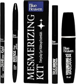 Blue Heaven Mesmerising Eye Kit Combo Pack of 4 | Kajal, Mascara, Eyeliner & Brow Definer |Long lasting, Smudge proof & Waterproof, Matte Finish for naturally fuller look, 0.6gm+9ml