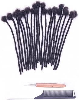 0.4cm Width 4 Inch 30 Strands 100% Human Hair Loc Extensions, Full Handmade Dreadlock Extensions for Men Women Kids Can Be Dyed and Bleached with Needle and Comb 100% Unprocessed Natural Black