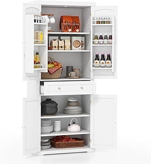 TANGZON Tall Kitchen Cupboard, 183cm 4-door Storage Cabinet with Drawer, Adjustable Shelves, Door Racks & Anti-tipping Device, Freestanding Wooden Sideboard Organiser (White, with Door Racks)