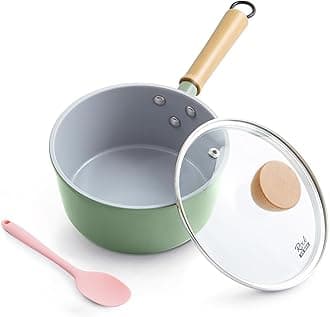 Ceramic Nonstick Sauce Pan with Lid, 1.5 Qt Small Pots for Cooking, Small Pot Wooden Handle for Cool Touch, Non Toxic & Pfas-Free Saucepan, Universal Base(Gas, Electric & Induction), Green