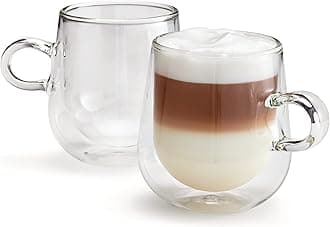 Duo Latte Set of 2 Double Walled Glass Coffee Cups with Handle, Hollow Vacuum Sealed, Heat Resistant, 325ml Latte Cup