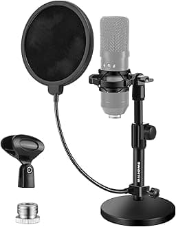 Upgraded Desktop Microphone Stand, Adjustable Mic Stand with Pop Filter, Shock Mount, Microphone Clip, Metal Screw Adapter 0.55" to 3/8"