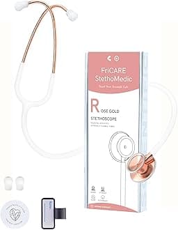 FriCARE Dual Head Stethoscope - Stethoscopes for Nurses, Medical Nursing Students, Paramedics/EMT/LVN/VNA Backup Estetoscopio, Milky White Tube, Rose-Gold Chestpiece