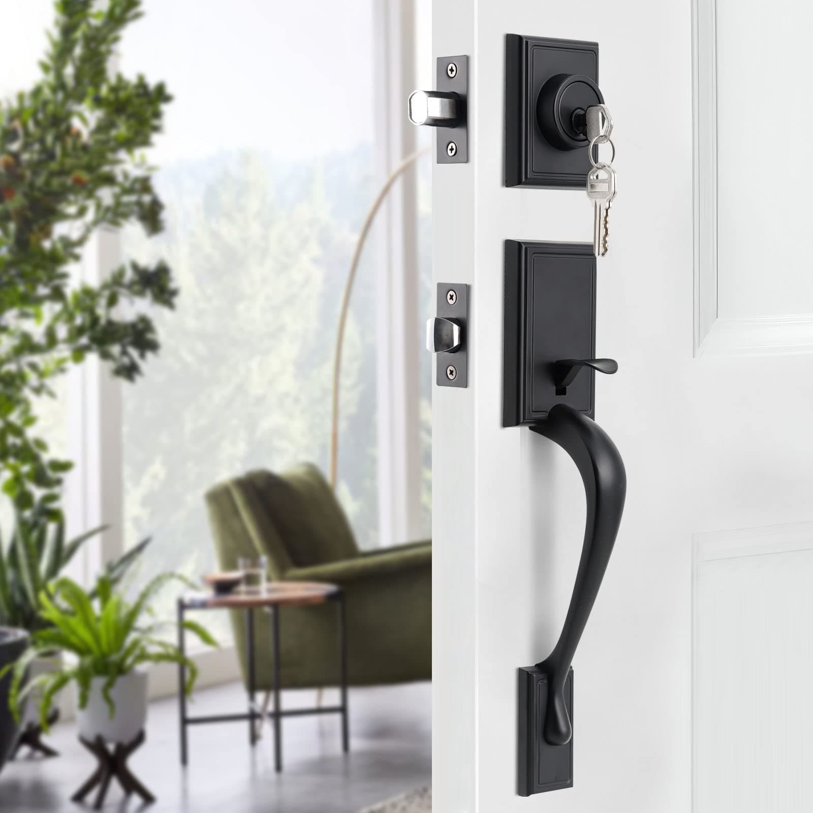 Natsukage Front Door Handle Set Matte Black Entry Door Lock Set Heavy Duty Entrance Handle Set with Lock, with Single Cylinder Deadbolt and Lever Handle, Reversible for Right & Left Handed Doors
