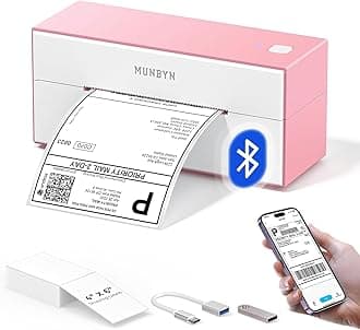 MUNBYN Bluetooth Thermal Label Printer, Wireless 4x6 label printer, Desktop Printer, for Shipping Packages Postage Small Business, for Etsy, Shopify, eBay, Amazon, Royal Mail, FedEx, ITPP129, Pink