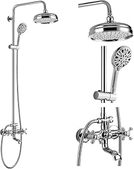 gotonovo Bathroom Shower Faucet Rain Mixer 8 Inch Round Shower Head Double Cross Handle with Tub Spout Wall Mount Bathroom Shower Fixtures 3 Function ABS Handheld Sprayer Polished Chrome