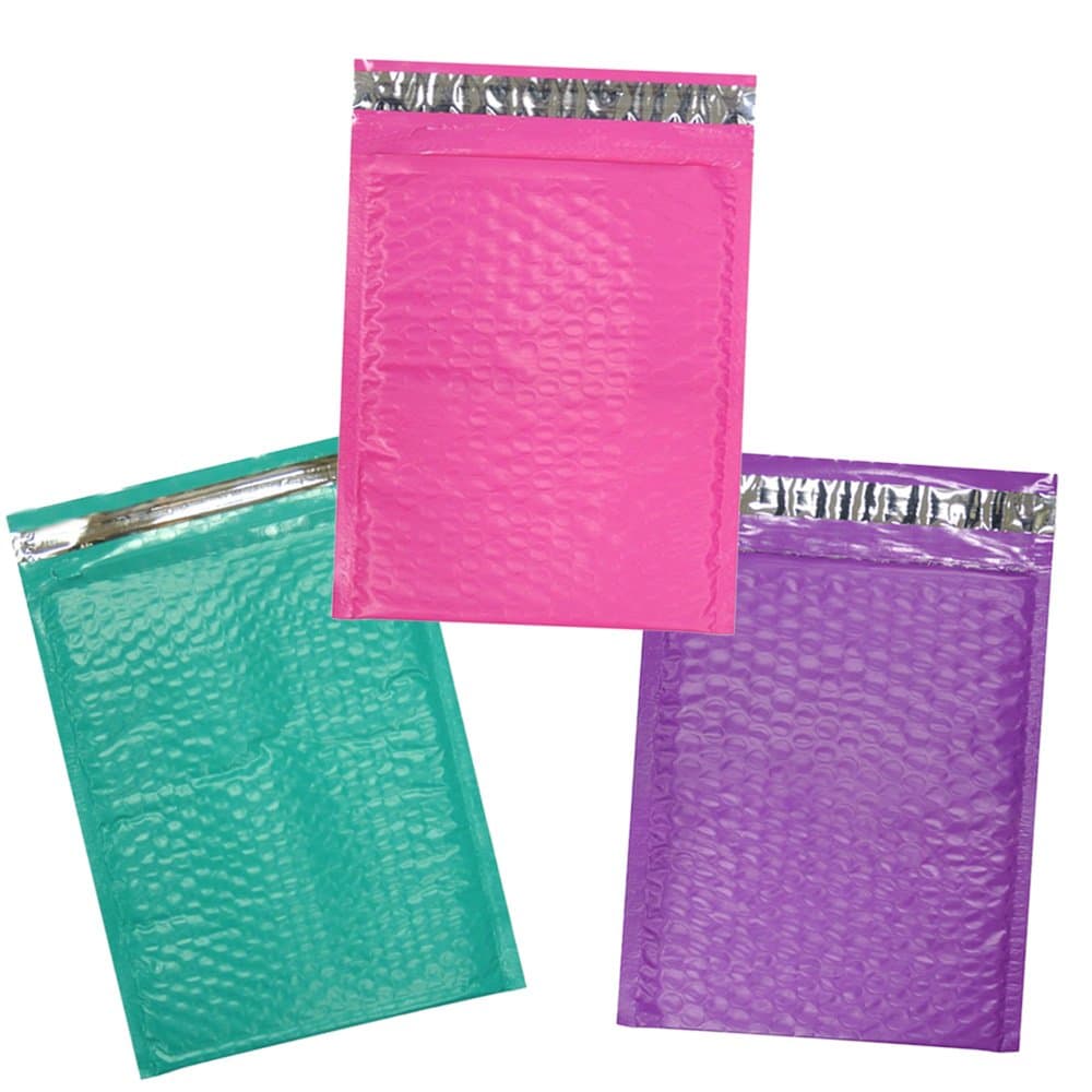 10.5 x 16" Designer Poly Bubble Mailers, Shipping Padded Envelopes, 10.5x15, Pink, Purple, Teal, Black, Orange, Blue, Yellow, Self Sealing with Custom Kissy Stickers (Pink,Purple and Teal, 10)