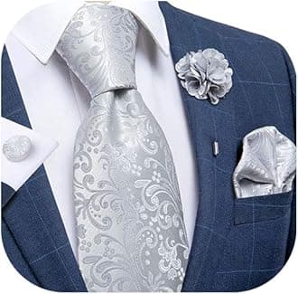 Silk Ties for Men Necktie and Lapel Pin Brooch Set Formal Woven Paisley Plaid Striped Solid Tie Wedding Party