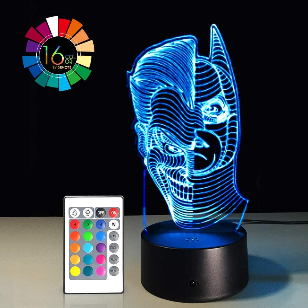 3D LED Night Light Lamps Illusion 3D Optical 7 Colors Touch Visual Lamp for Table Desk Home Decoration with Remote Controller (Batman & Joker Half FACE)(1PC)
