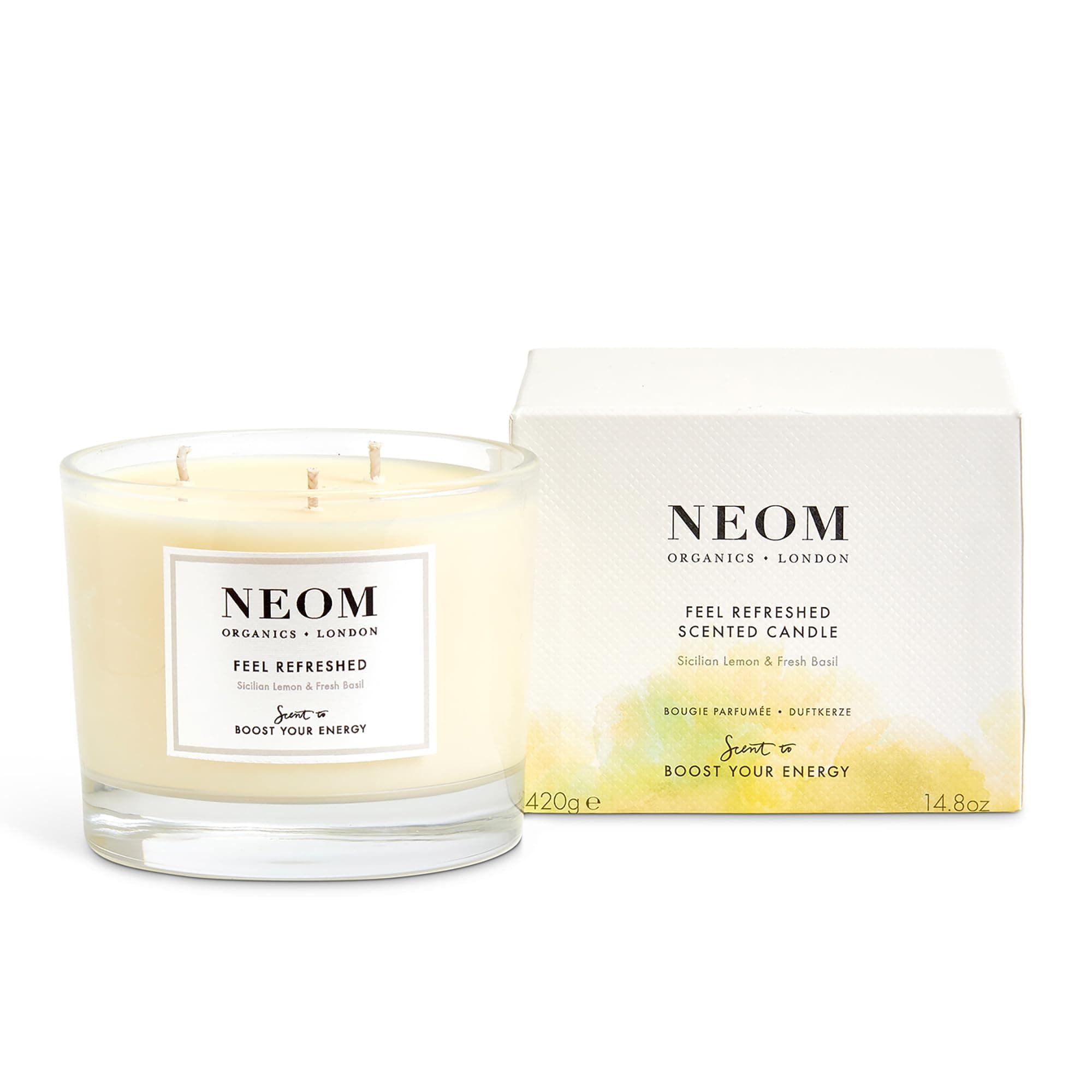 Feel Refreshed Scented Candle, 3 Wick | Lemon & Basil | Essential Oil Aromatherapy Candle | Scent to Boost Your Energy