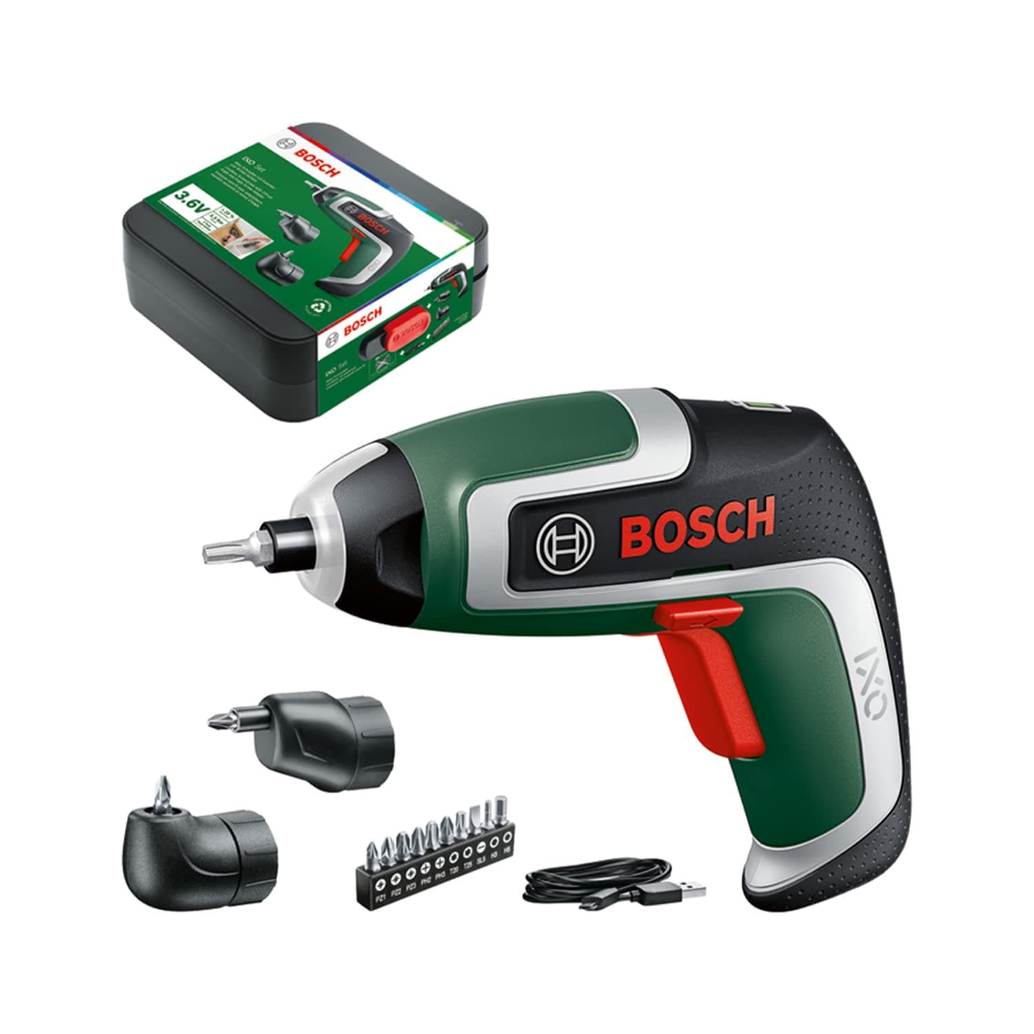 Compact Cordless Screwdriver IXO (7th Generation; 3.6V; 2.0Ah; 5.5Nm; Set incl. Angle-Screw and Off-Set Angle Attachments; Screws up to 190 Screws; with Micro-USB Cable; in Storage Box)