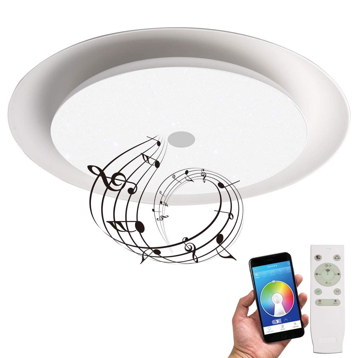 26" LED Ceiling Light Fixtures - 48W (260W Equivalent) LED Flush Mount Light Fixture with Bluetooth Speaker,Dimmable,2880lm,90Ra+,APP+Remote Contorller,RGB Color Changing,ETL List,Round