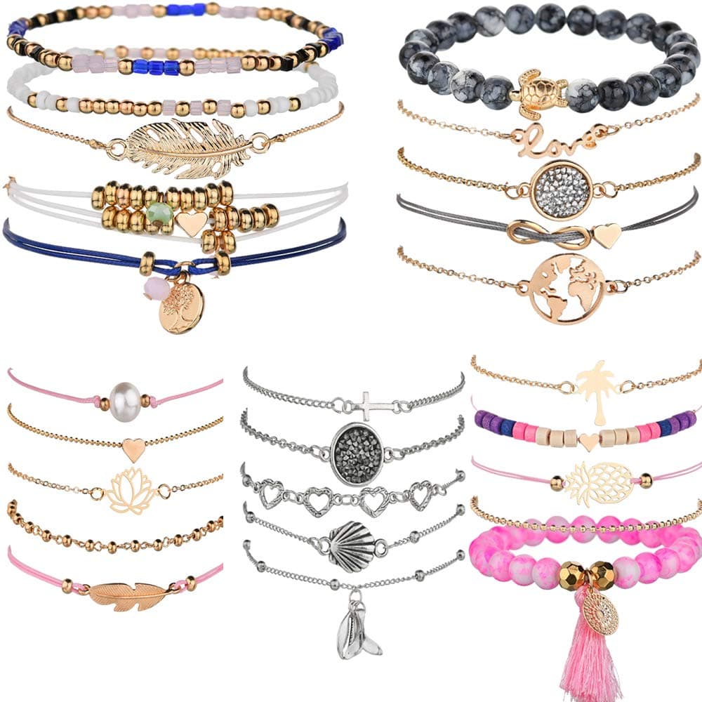 5 PACK (25pcs) Multilayer Bohemian Beaded Bangle Bracelet Crystal Charm Stretch Beach Set Boho Holiday Jewelry