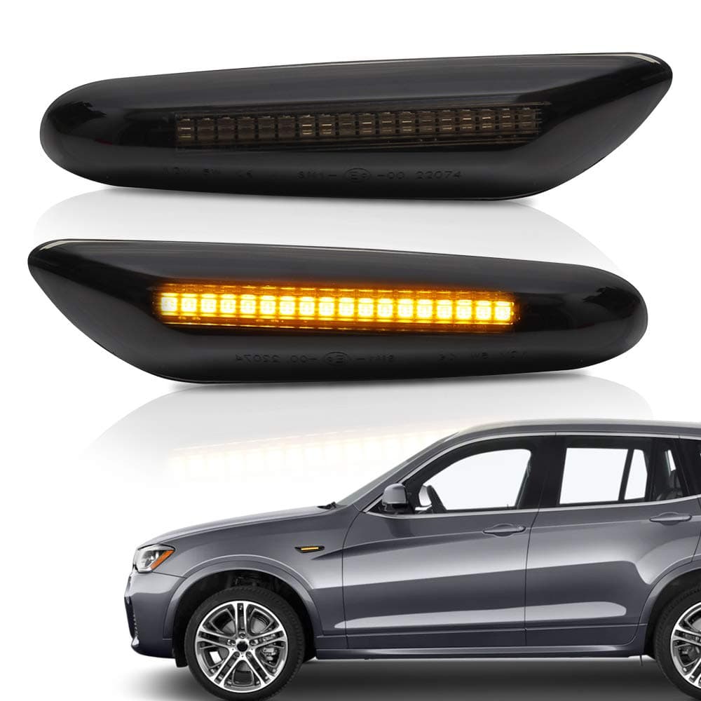 MICROPOWER Full LED Side Marker Light for BMW 1 Series 3 Series E90 E91 E92 E93 E46 X3 E83 X1 E84 E81 E82 E87 E88, Turn Signal Lamp Assembly,18 SMD,Smoke Len, 2 Piece