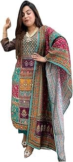 GoSriKi Women's Silk Blend Straight Printed Kurta with Pant & Dupatta
