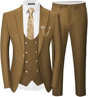 SPTALLFITJSV Men's 3 Piece Suits Slim Fit, Blazer Double Breasted Vest and Pants, Wedding Prom Business Suit with Gold Button