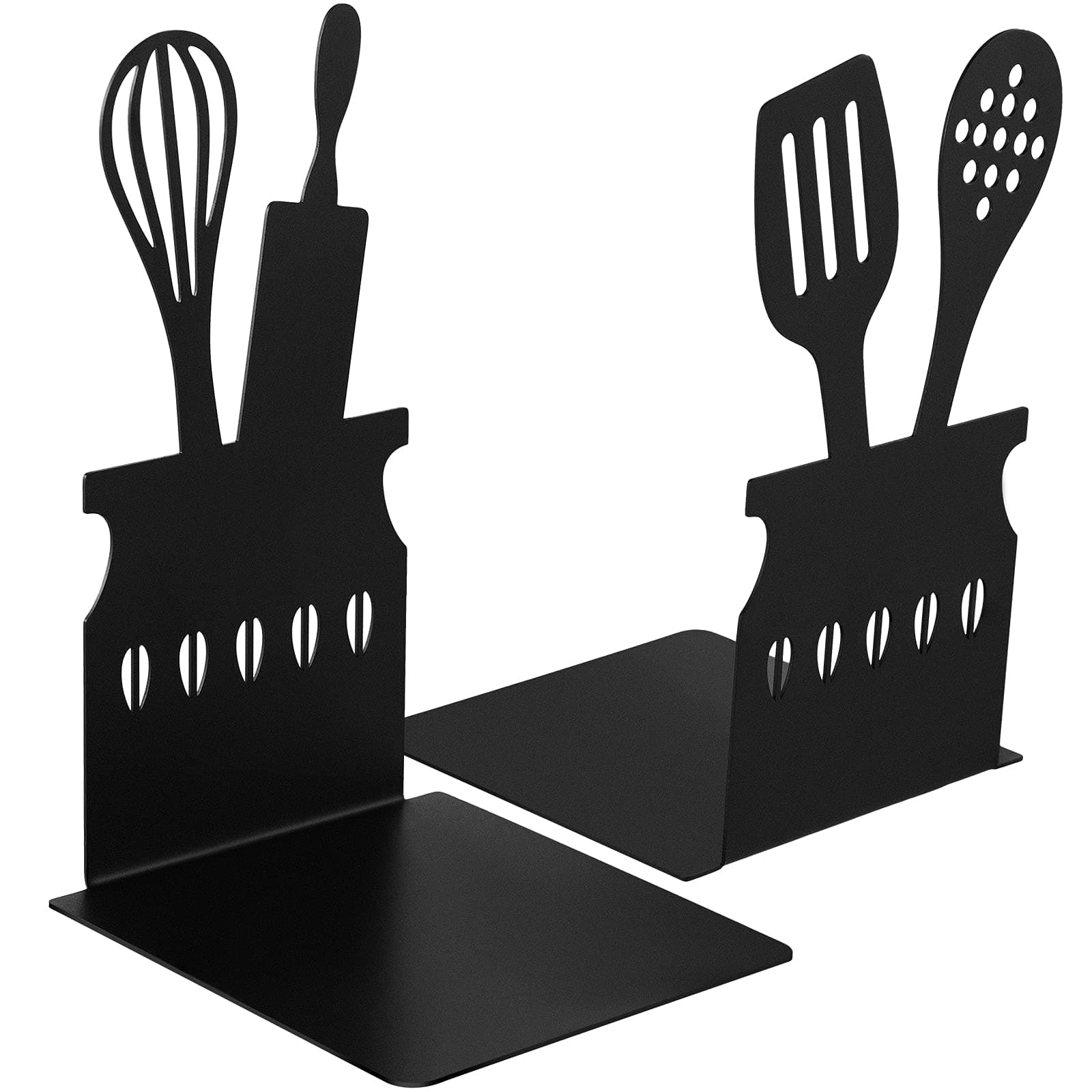 Zonon Black Metal Kitchen Bookends with Spoon Decor, 5.9x3.9x3.9 Inch, Heavy Duty Cookbook Storage & Book Stoppers for Countertop