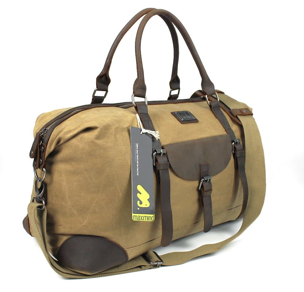 MaxMind Duffle Canvas Leather Bag Extra Large Handbag Holdall Duffle Tote Bag with Shoulder Strap for Sport Weekend Overnight Travel Gym (Khaki)