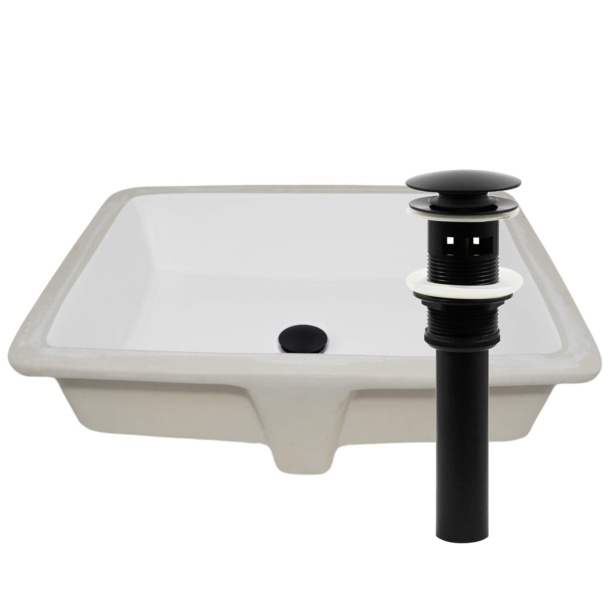 Novatto (NOVB0) Shallow Rectangular Undermount White Porcelain Sink with Matte Black Drain (NP-U193911MB)