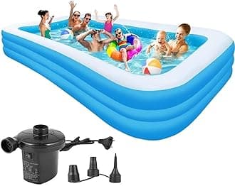 10 Feet Rectangular Inflatable Pool with Electric Pump Full-Sized Swimming with Family Bathtub for Kids Adults Outdoor Backyard Garden Summer Party (Blue)