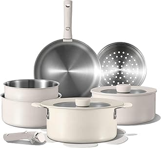 CAROTE 14pcs Pots and Pans Set, Stainless Steel Cookware Set Detachable Handle, Induction Kitchen Cookware Sets with Removable Handle, RV Cookware Set, Oven Safe, Camping Cookware, White