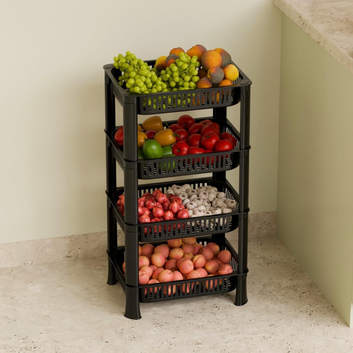 4-Layer Multipurpose Plastic Kitchen Storage Rack | Vegetable Basket Organizer | Stackable Storage Stand for Home, Pantry, Bathroom, Office – Durable Space-Saving Shelf (Black)