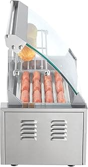 VEVOR Hot Dog Roller 5 Rollers 12 Hot Dogs Capacity, 750W Stainless Sausage Grill Cooker Machine with Dual Temp Control Glass Hood Acrylic Cover Bun Warmer Shelf Removable Oil Drip Tray ETL Certified
