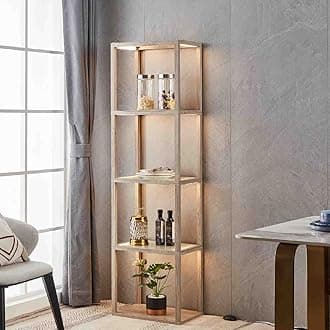 FENLO Fantasy Plus 66" Luxury Glass Display Shelf with Dimmable LED Floor Lamps, Sturdy Glass Shelves For Bedroom, Curio Cabinet with Glass Bookshelf Display Case, Floor Lamp with Shelves, Rustic Wood