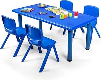HONEY JOY Kids Table and 4 Chair Set, 48 x 24 Inch Children Rectangular Study Table with Stackable Seats, 4 Pcs Plastic Activity Toddler Furniture Set for Playroom Daycare, Gift for Boys Girls (Blue)