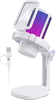 USB Microphone for PC, RGB Gaming Mic with Mute Button, Noise Cancellation Condenser Microphone with Gain knob for Streaming, Podcast, Recording, Chat, Compatible with PS5/PS4/Mac, DGM20, White