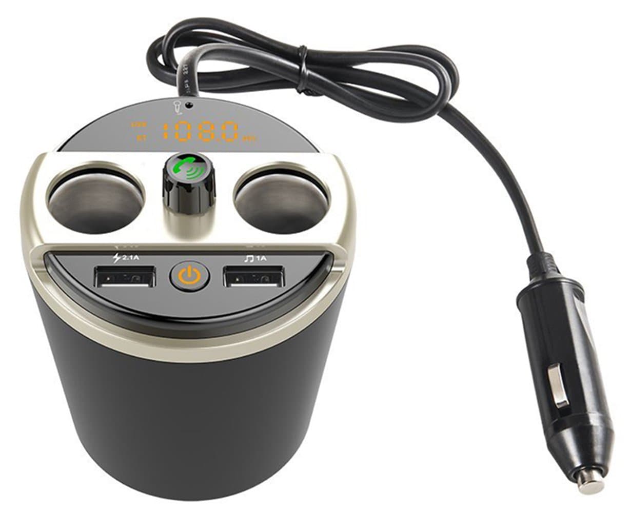 FM Transmitter,Loamy Car MP3 Player FM Transmitter Bluetooth Handsfree Functional Car Cup Charger with Dual USB Ports 3.1A + 2-Socket Cigarette Lighter Splitter for iPhone , Android,GPS,Dashcam - Gold