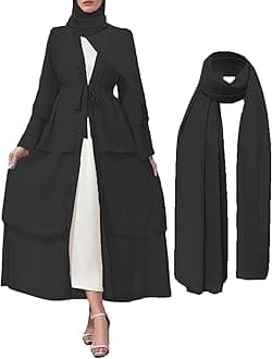 APRROOTMuslim Abaya Dress for Women Modest Muslim Robe Long Sleeve Open Front Cardigan Islamic Dubai Outfits with Hijab Belt