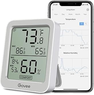 Govee Bluetooth Digital Hygrometer Indoor Thermometer, Room Humidity and Temperature Sensor Gauge with Remote App Monitoring, Large LCD Display, Notification Alerts, 2 Years Data Storage Export, Grey