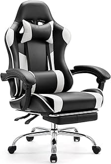 Sweetcrispy Video Game Desk Chair - Ergonomic Computer with Footrest and Comfy Lumbar Support, PU Leather Recliner with Headrest, Dynamic Armrest, Height Adjustable with 360° Swivel, White, Adults