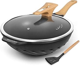 Nonstick Woks And Stir Fry Pans Die-cast Aluminum Scratch Resistant 100% PFOA Free Induction Wok pan with Lid 12.6 Inch - BK