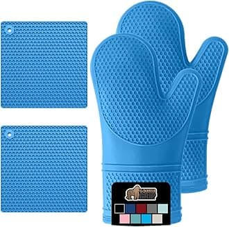 Gorilla Grip Heat and Slip Resistant 4 Piece Silicone Oven Mitt and Trivets Set, Waterproof, Cotton Lined Gloves, BPA-Free, Long Cooking Mitts and Trivet Mats, Kitchen Potholder Sets for Pans, Aqua
