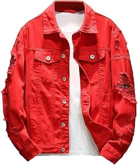 Rexcyril Men's Distressed Denim Jacket Casual Ripped Holes Button Down Trucker Jacket Jean Coat