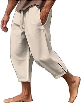 Mens Linen Lightweight Yoga Sweatpants 3/4 Shorts Elastic Waist Drawstring Harem Capri Beach Pants Khaki, X-Large